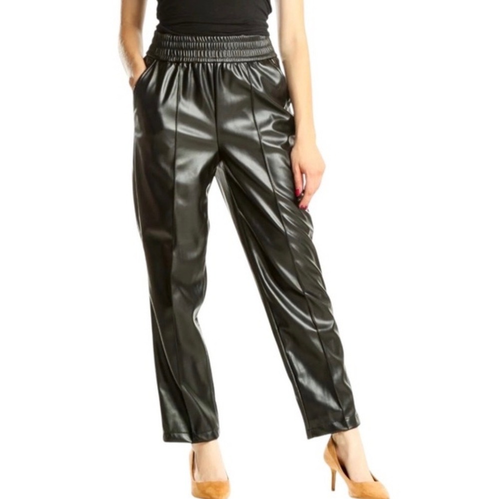 Nine West Faux Leather Joggers Women's Size Large Black Pull On Casual Glam Chic